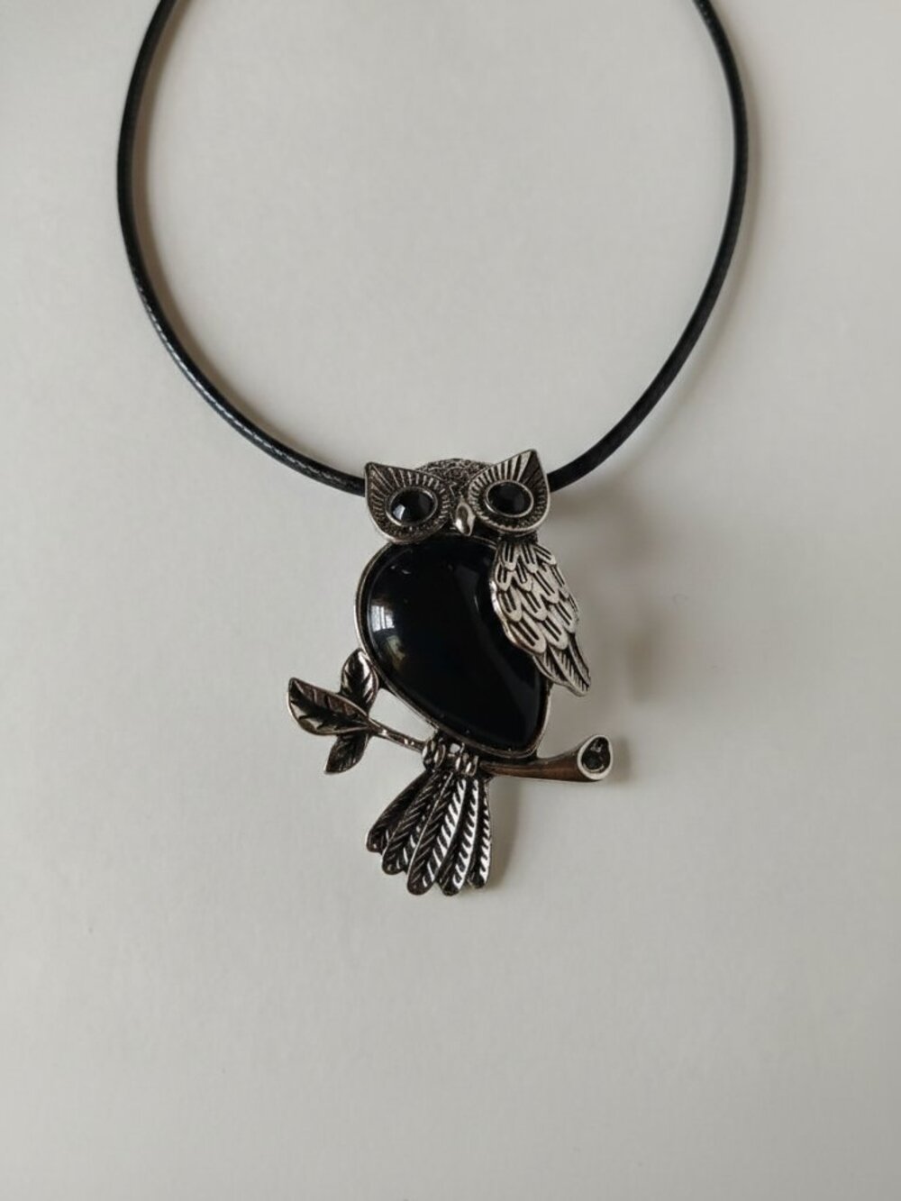 Black Onyx Owl Necklace Leather Cord Teardrop | Owl Pendant |  Protection